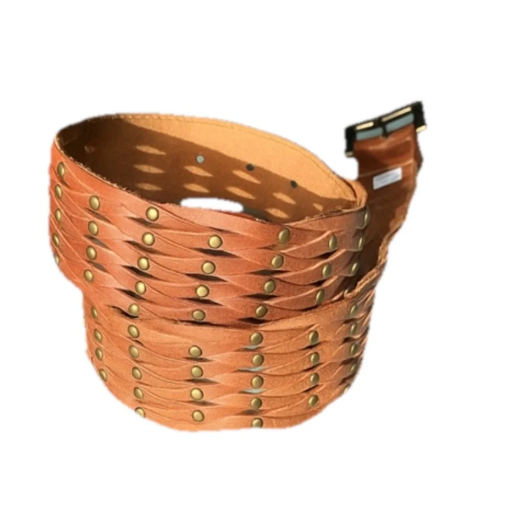 Hollister Size Large 35”-39” Brown Woven Genuine 100% Leather Studded Wide Belt